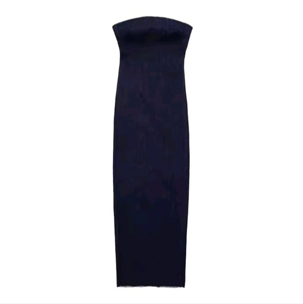 Women Denim Blue Bandeau Slit Back Maxi Dress